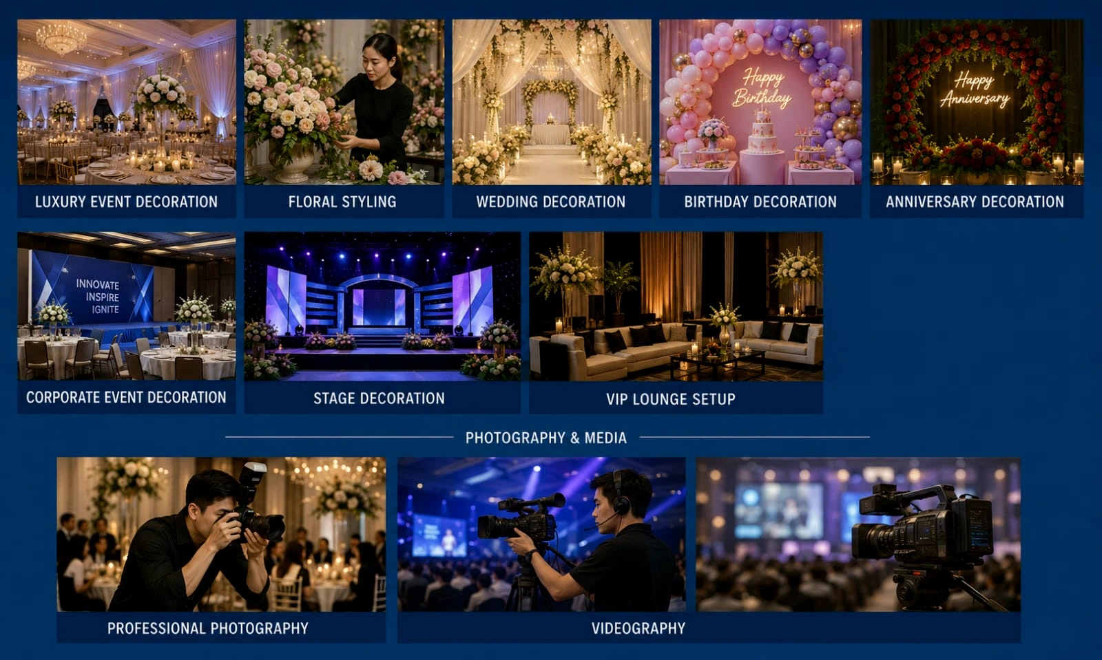 Event decoration, stage and lounge setup, photography and videography services