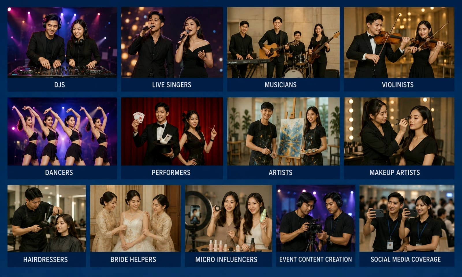 Entertainment, performers, beauty professionals and event content creation services