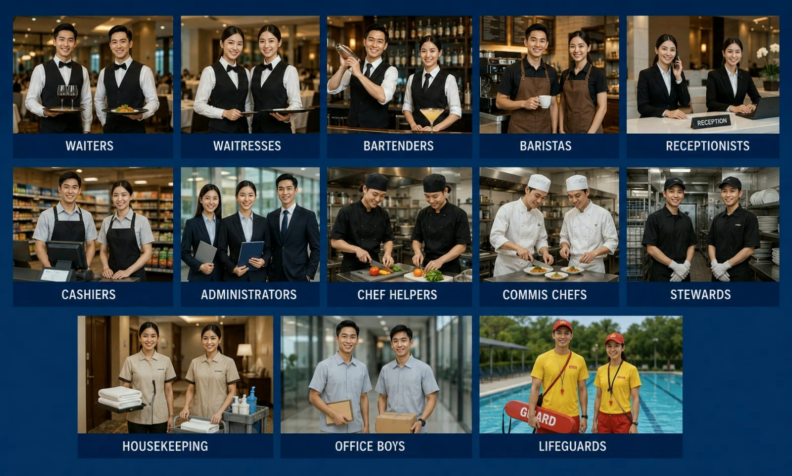 Hospitality staffing services including waiters, receptionists, chefs, stewards, housekeeping and lifeguards