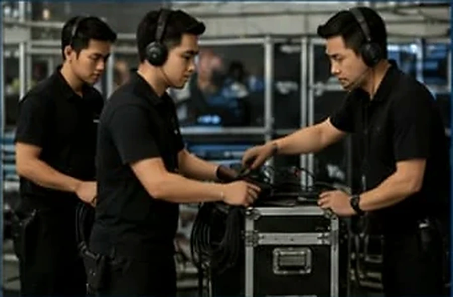 Technical event crew preparing equipment