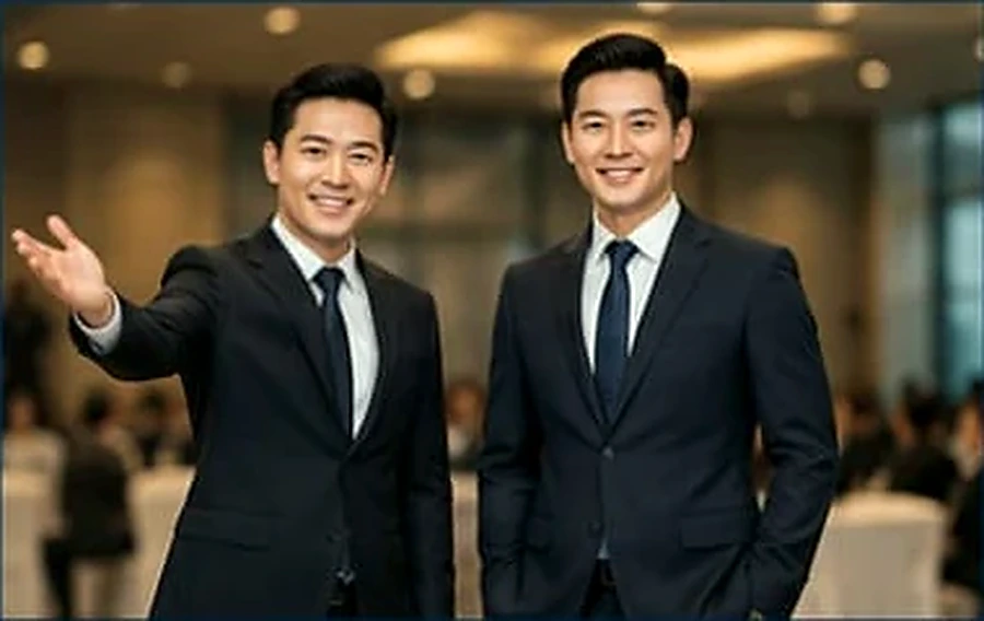 Professional event hosts welcoming guests