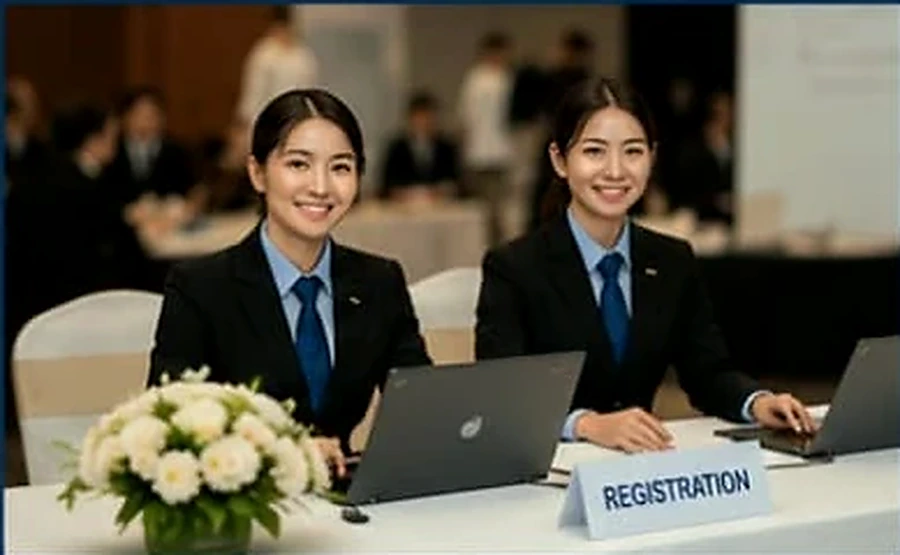 Registration staff assisting event guests